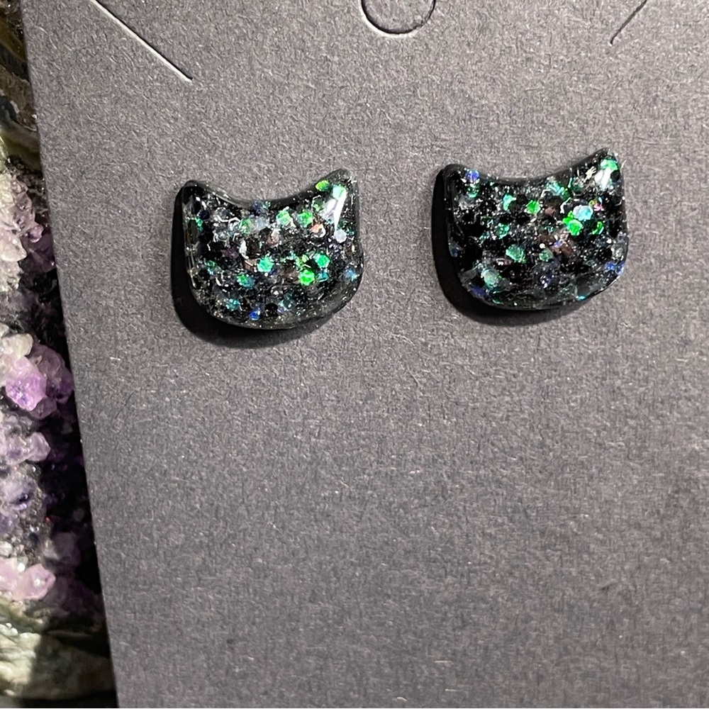 2/$18 Custom Made Black and Green Cat Stud Earrings - Picture 3 of 13